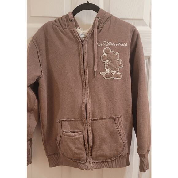 Walt Disney World Parks Sherpa Lined Hoodie Embroidered Mickey Light Brown Sz M - Picture 2 of 9